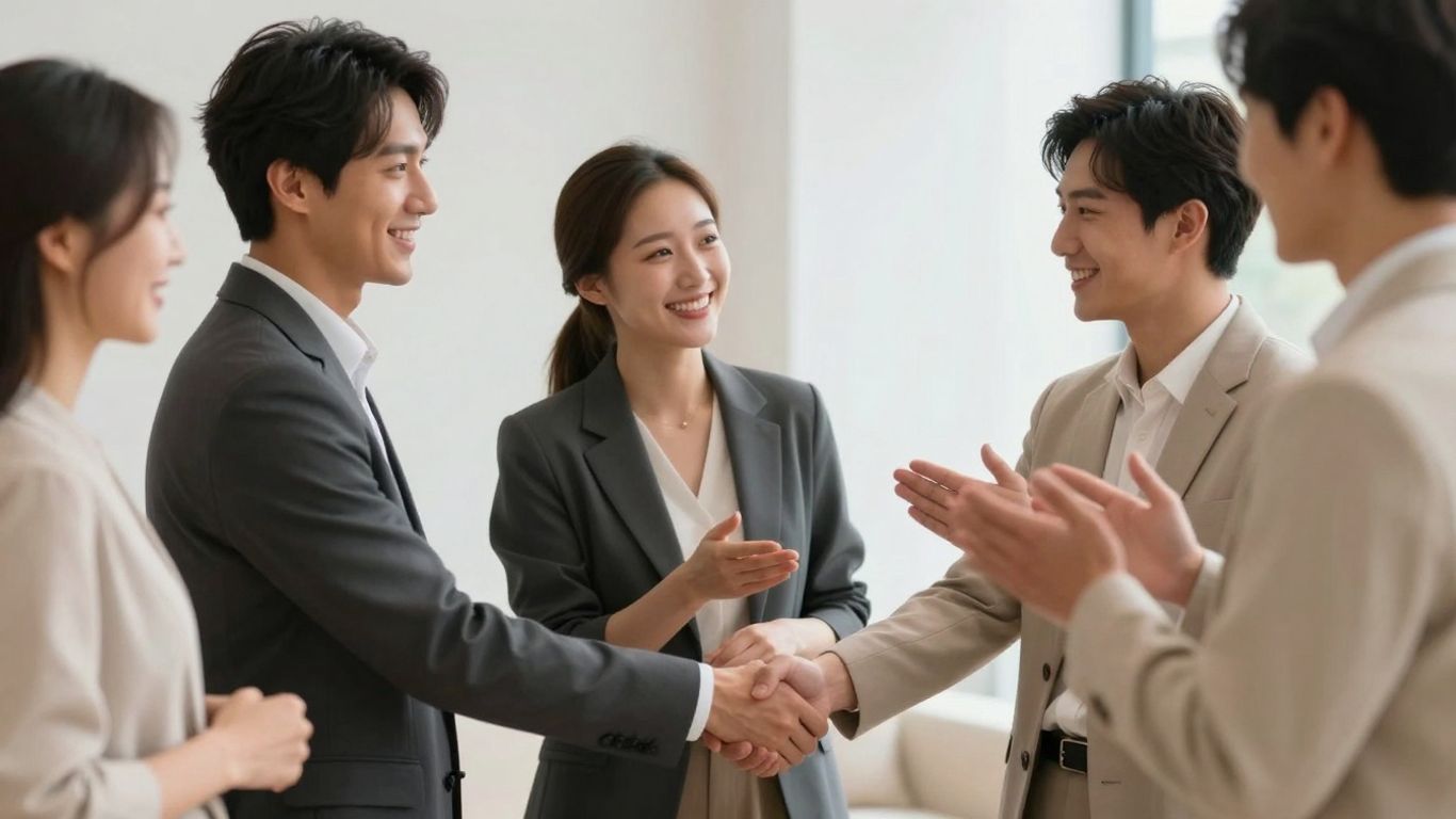 Oameni moderni interacționând politicos într-un cadru contemporan.