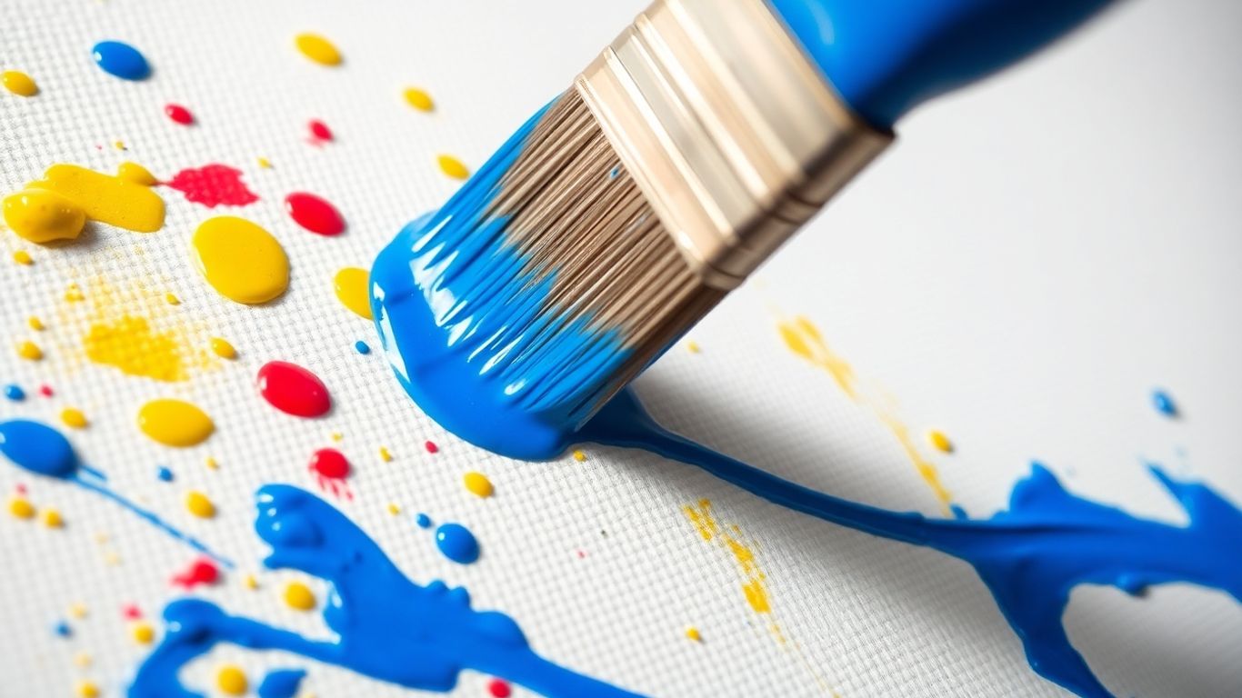 Paintbrush with blue paint over a colorful canvas.