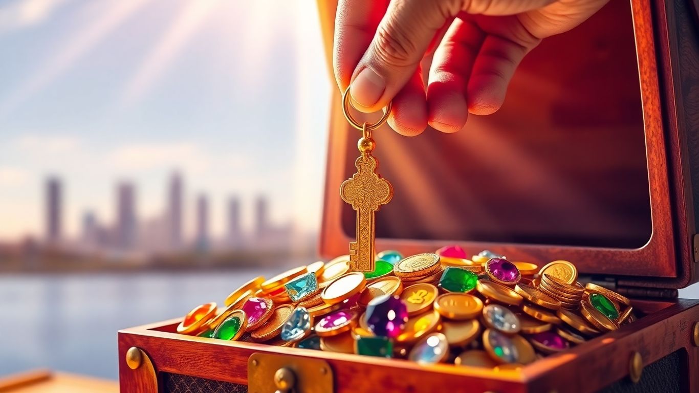Golden key unlocking treasure chest with WA skyline.