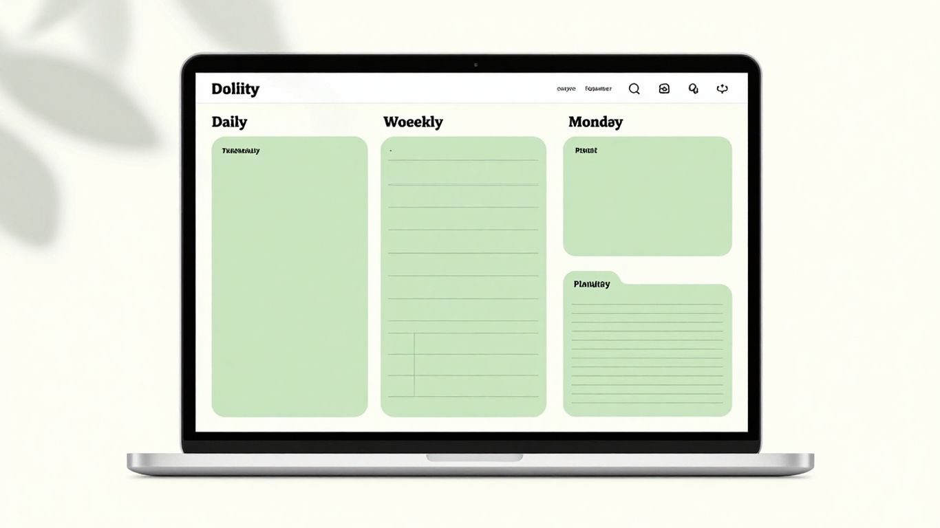 Clean planner book template layout on a laptop screen.