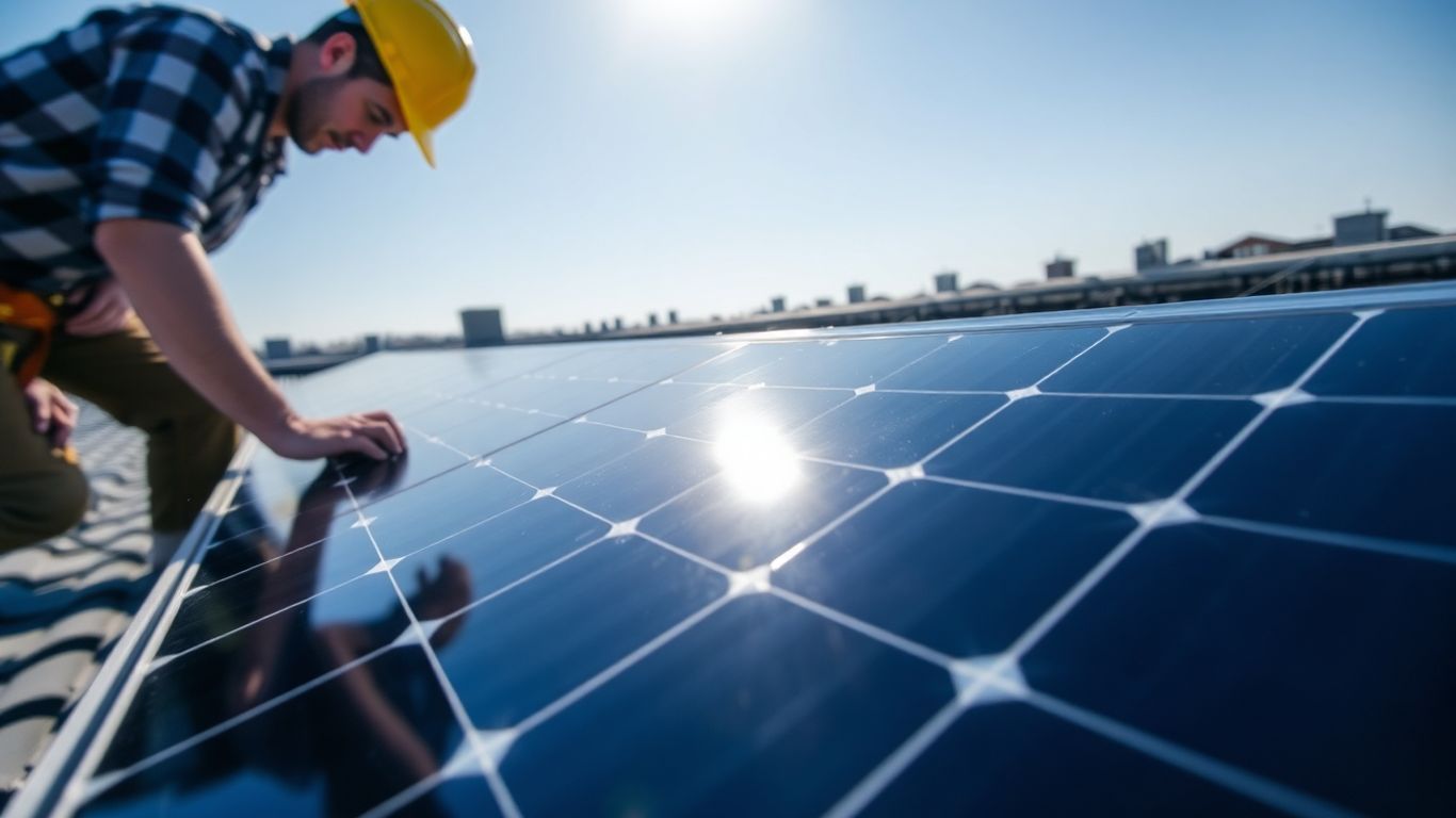Solar installer adjusting a panel on a roof.