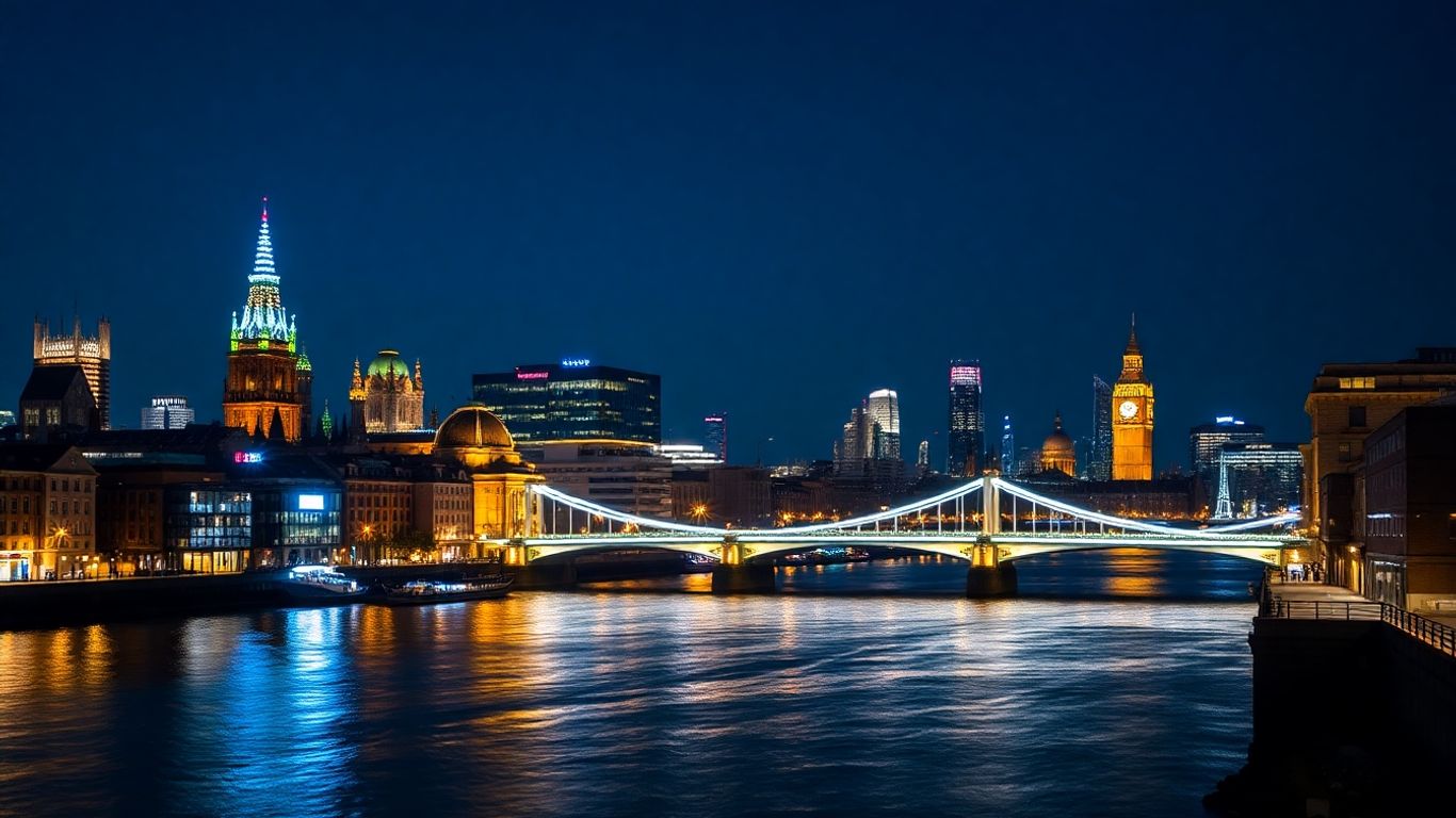 London cityscape at night with lights and river reflections
