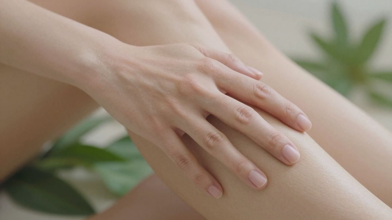 Person touching leg with natural relief elements.