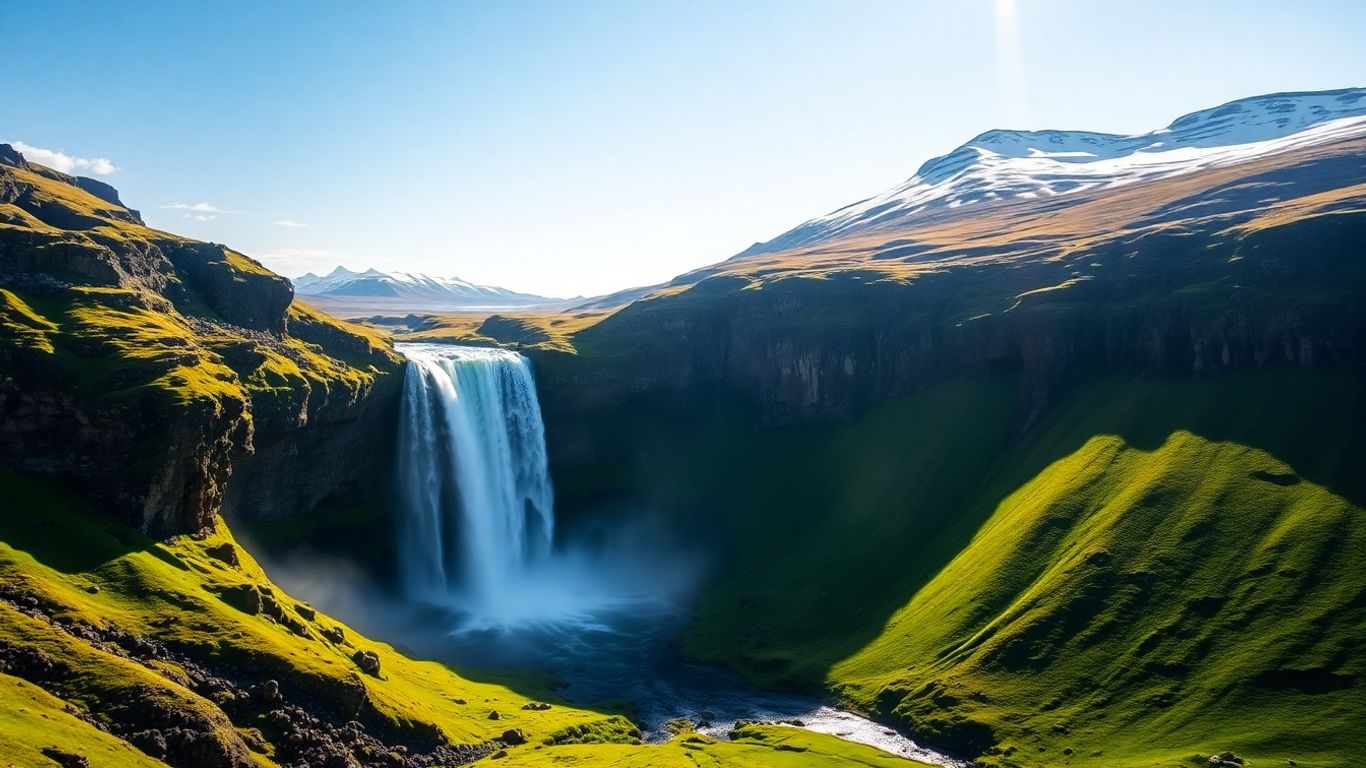 Majestic Icelandic waterfall in a green valley.