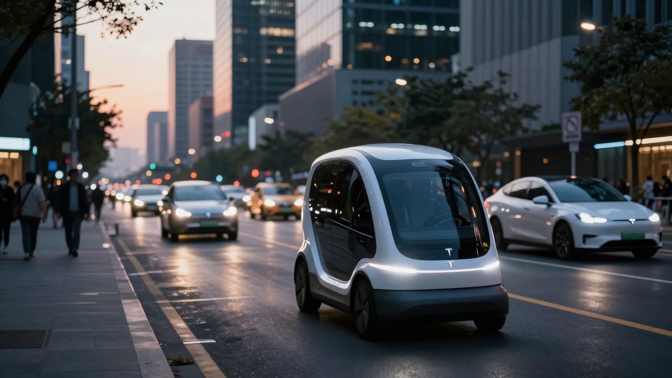 Robotaxis in a futuristic city at dusk.