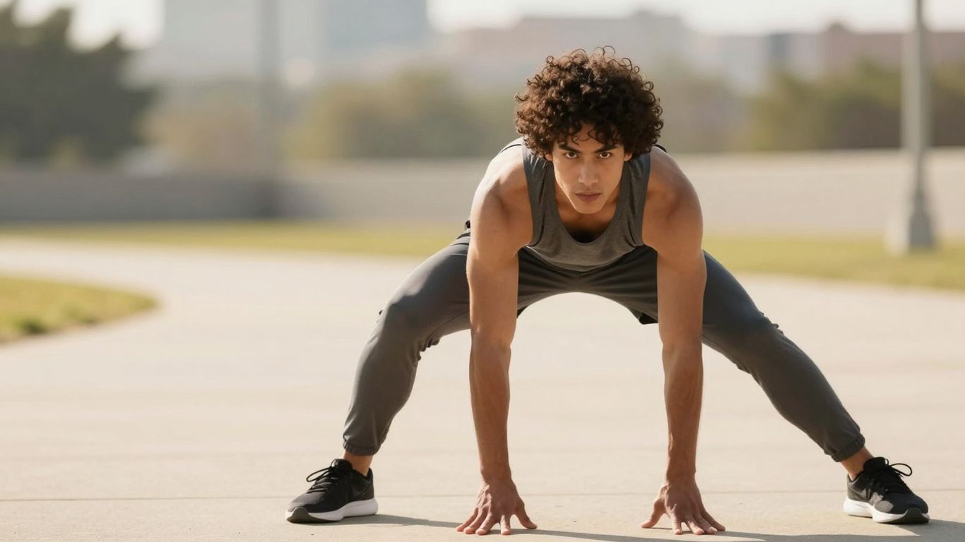 Person stretching outdoors during exercise.