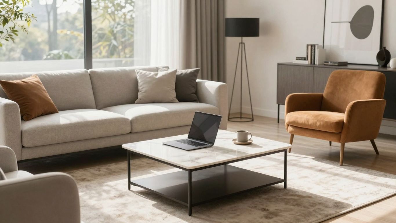 Modern living room with furniture and laptop.