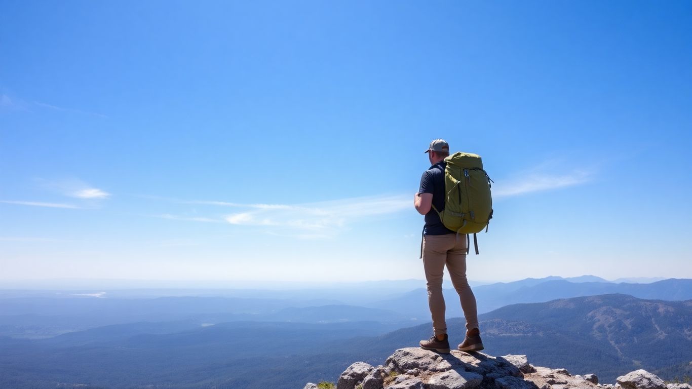 Rucksack auf Bergspitze mit Blick auf weite Landschaft