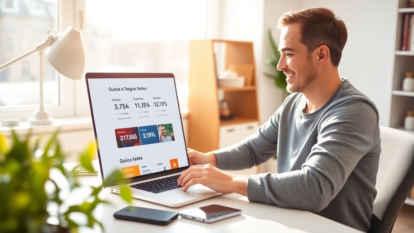 Pessoa feliz usando laptop para otimizar presença online.