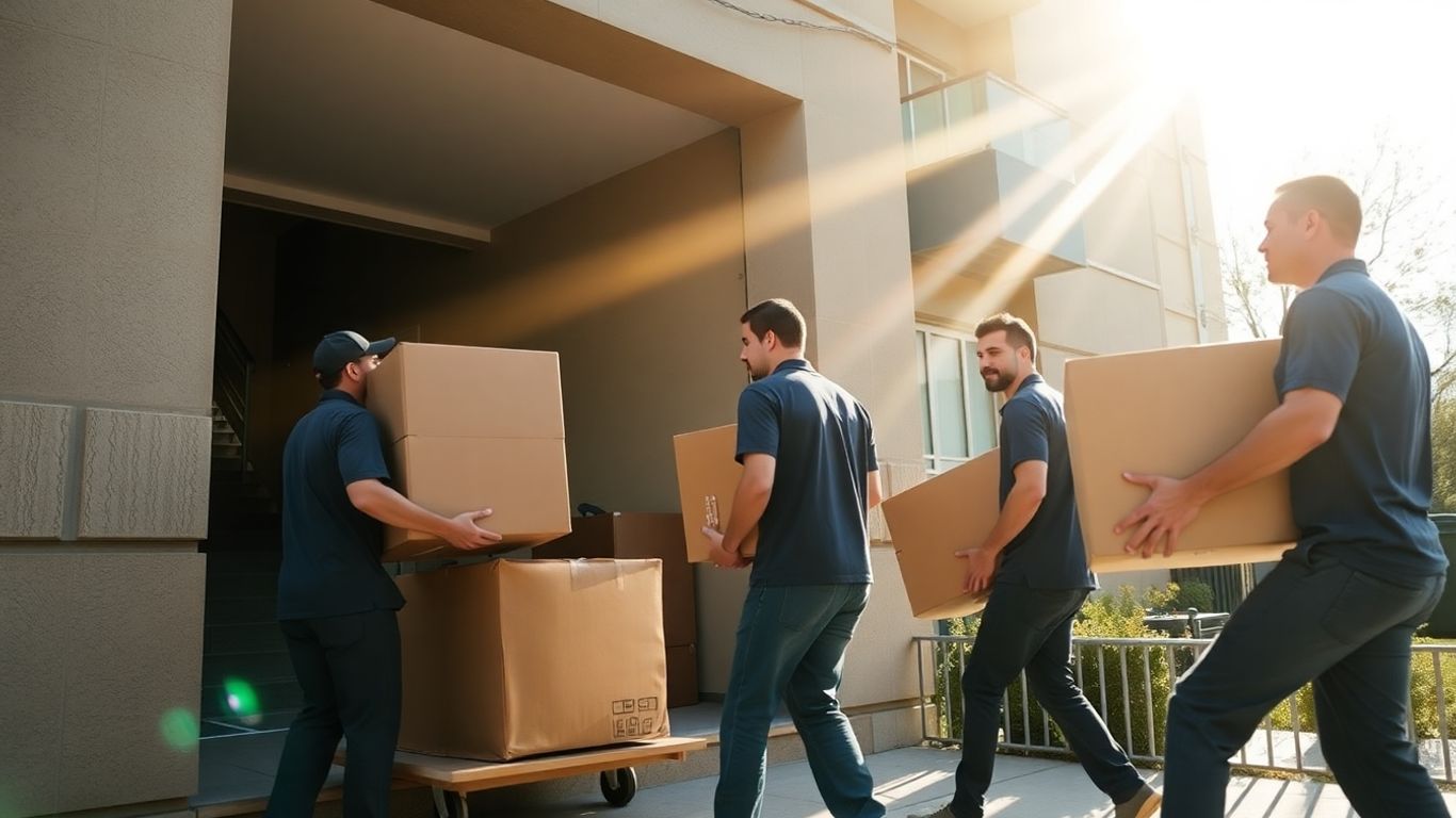 Movers carrying boxes and furniture out of a building.