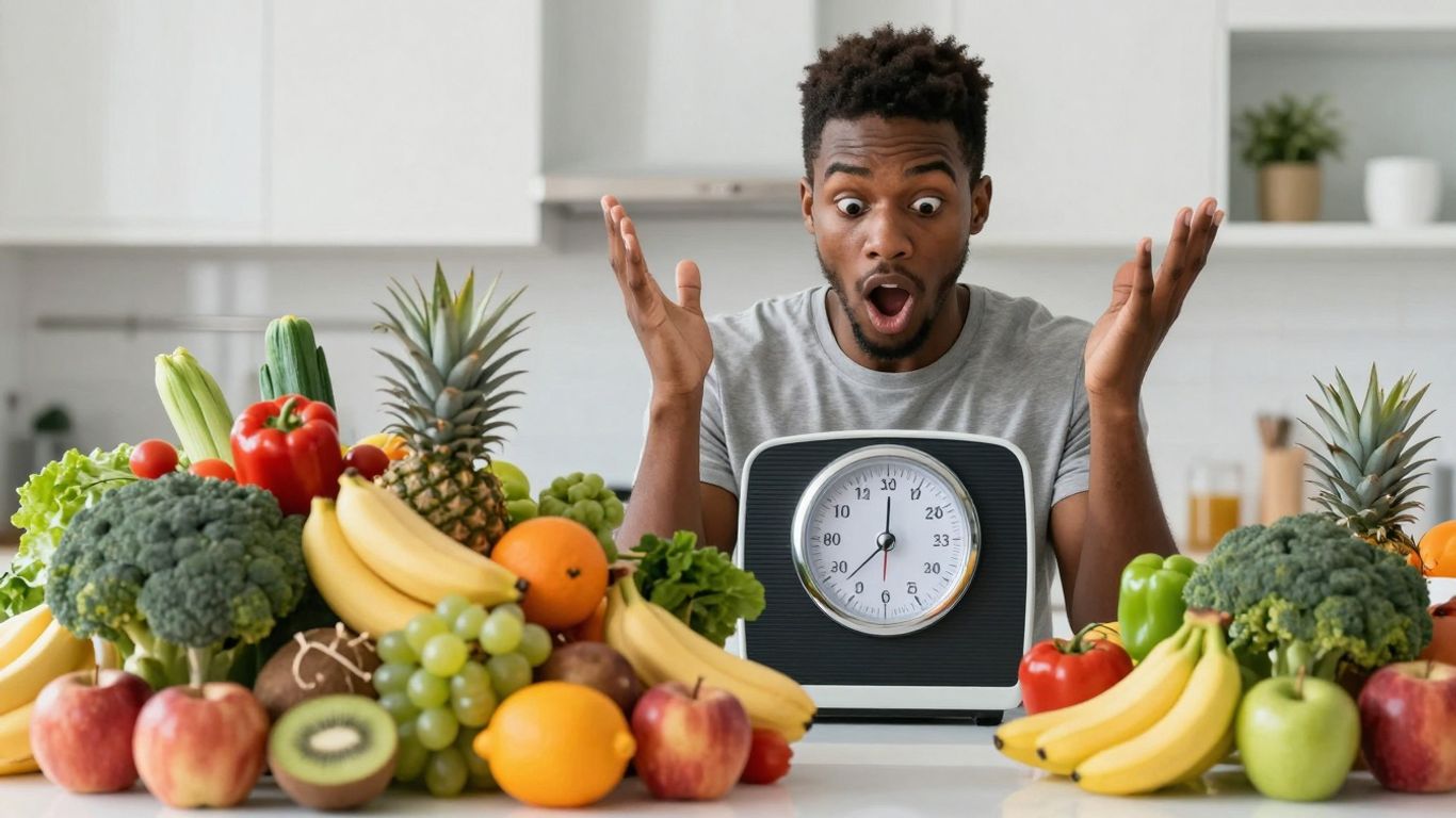 Person surprised by weight loss on scale with healthy food.