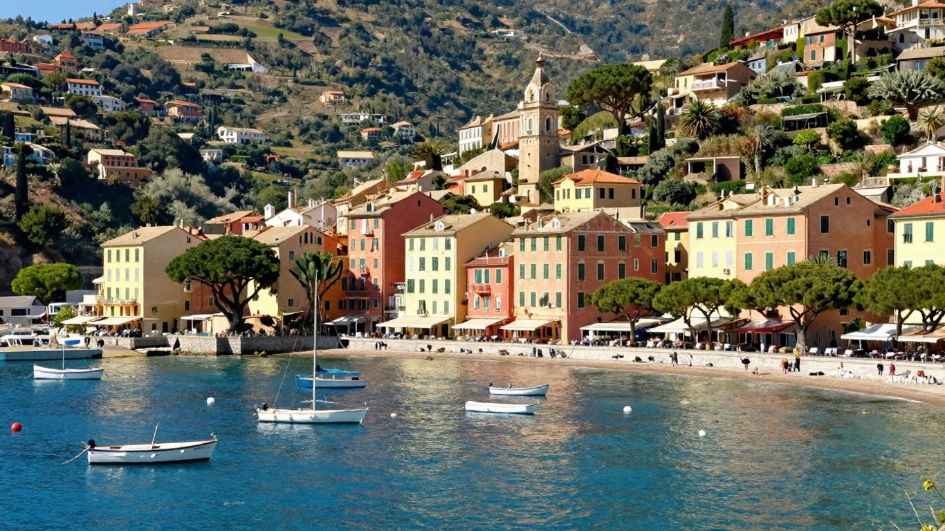 Sunny European coastal town with colorful buildings and blue sea.