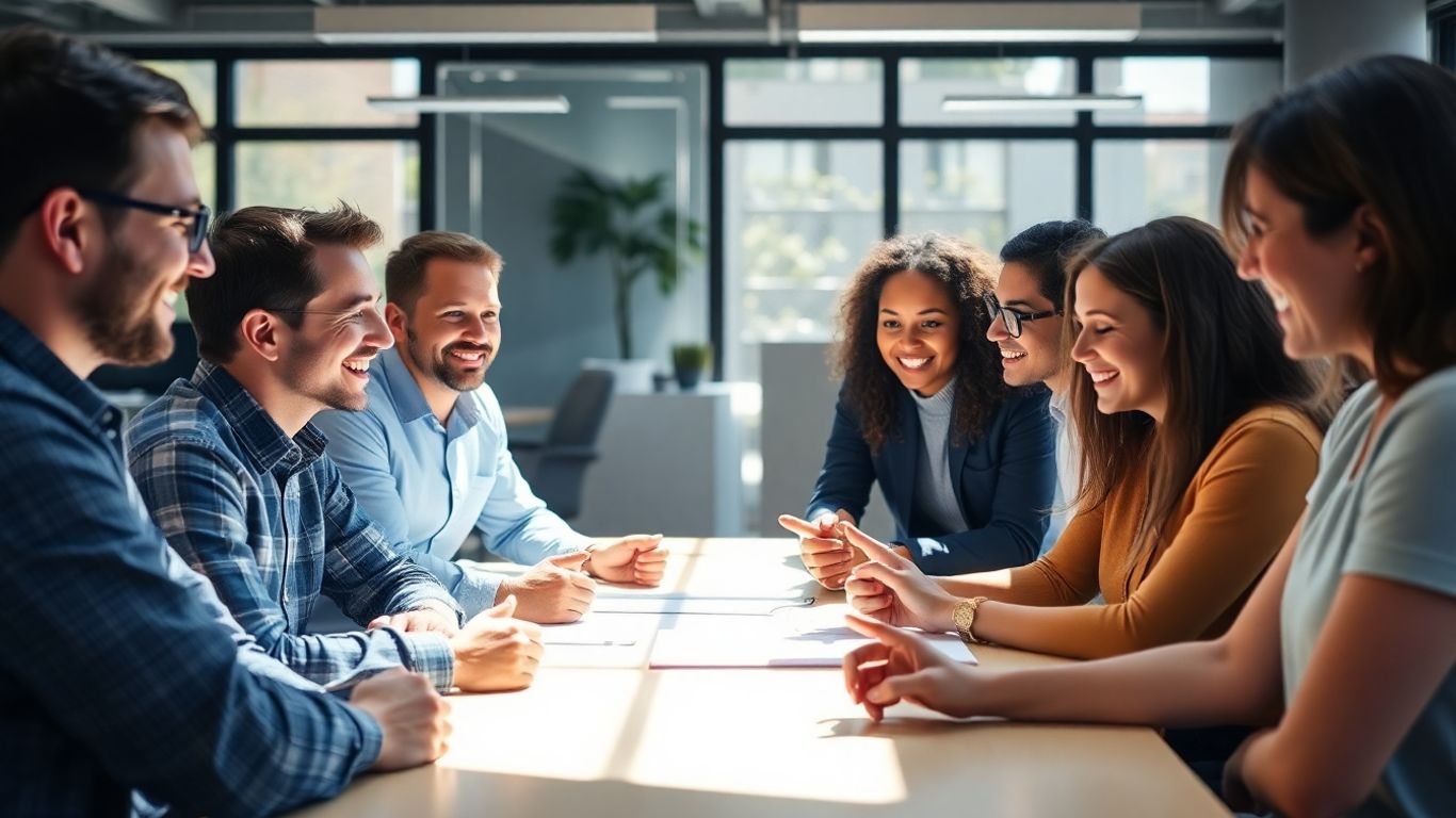 Diverse team collaborating happily in a bright office.