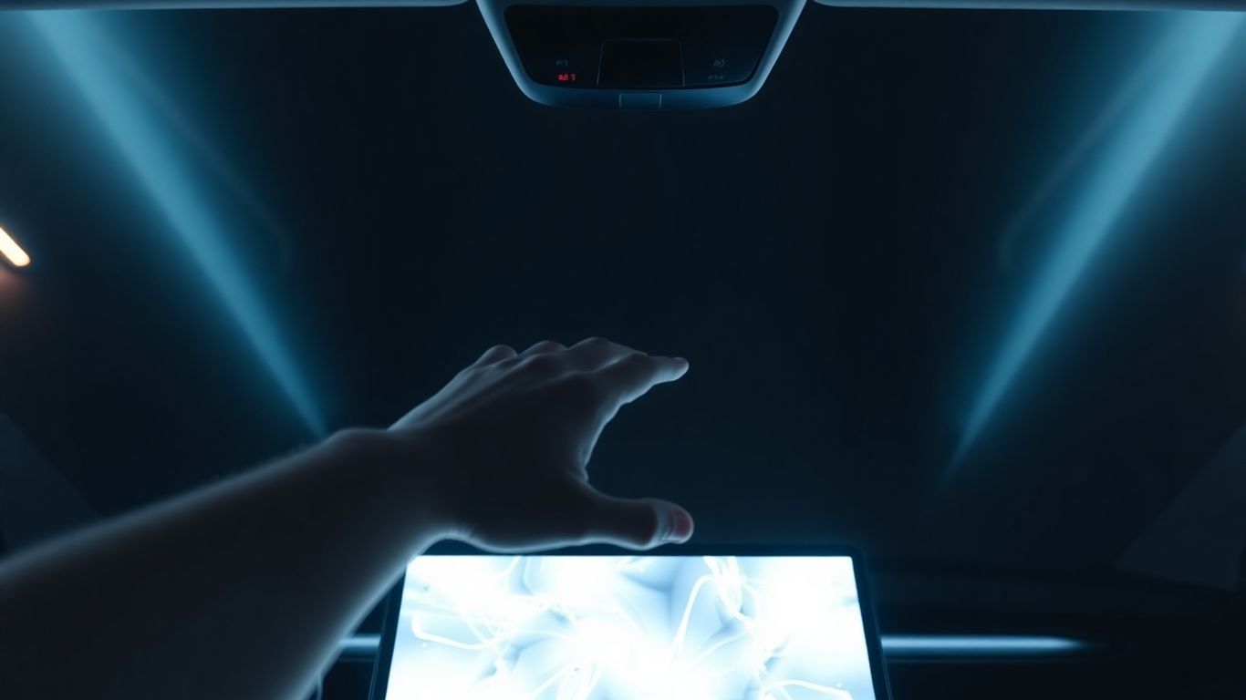 Tesla interior with glowing touchscreen and hand interaction.