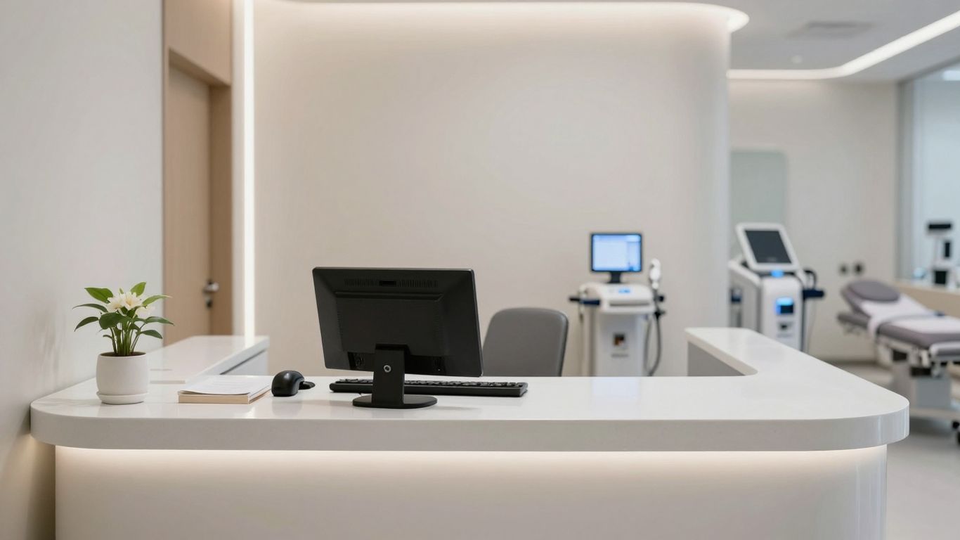 Modern clinic reception with soft lighting and blurred treatment rooms.