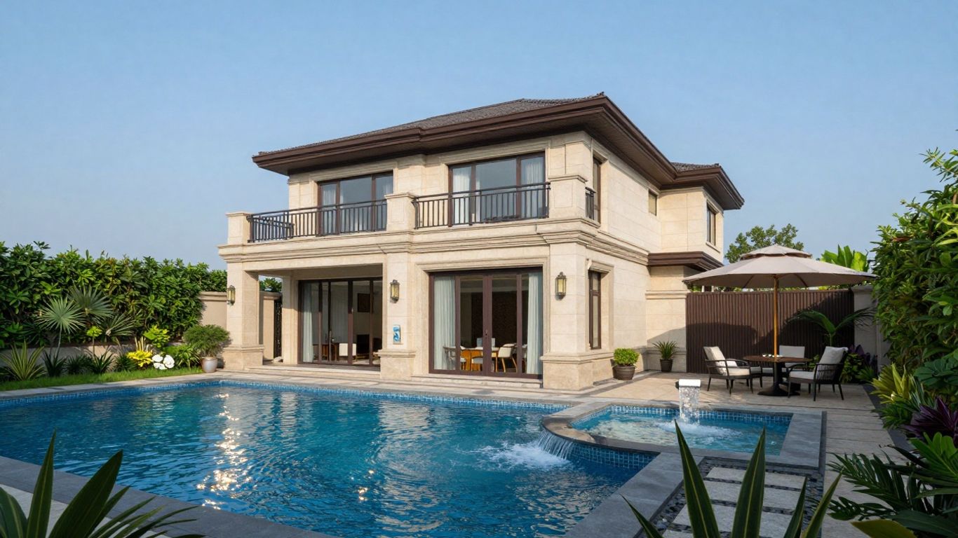 Backyard pool and spa with landscaping.