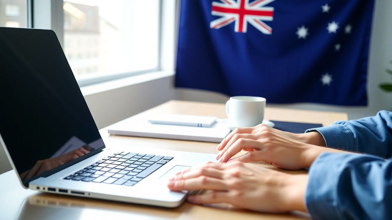 Laptop and hands typing in an Australian workspace