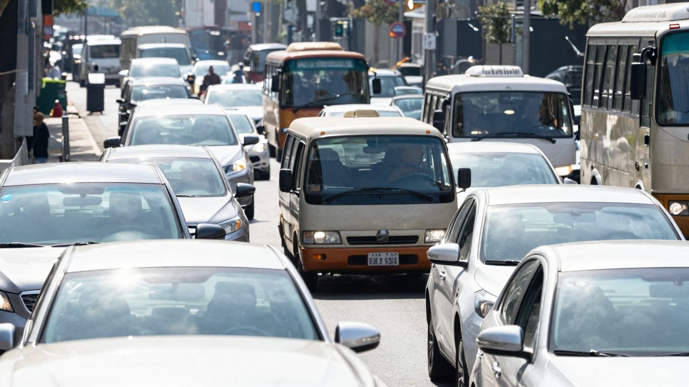 Trafic urban aglomerat, blocat pe multiple benzi.