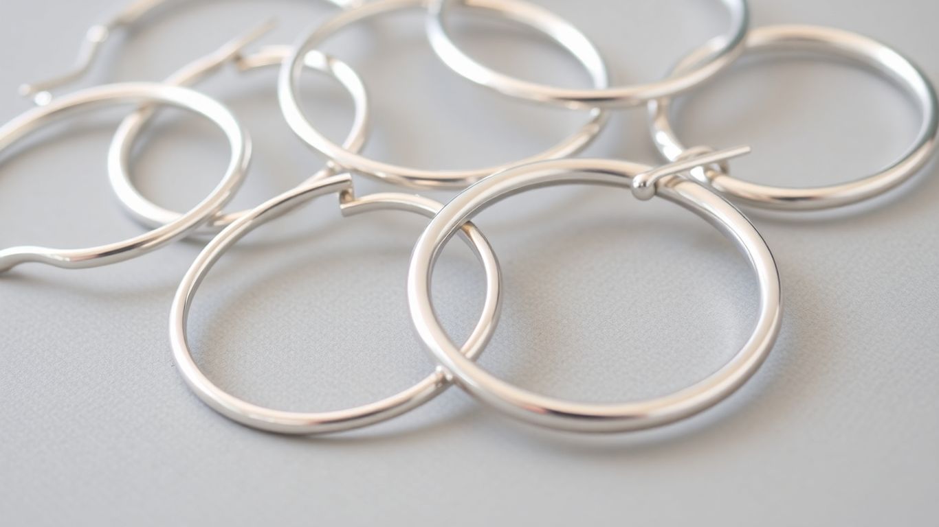 Various sizes of polished silver hoop earrings.