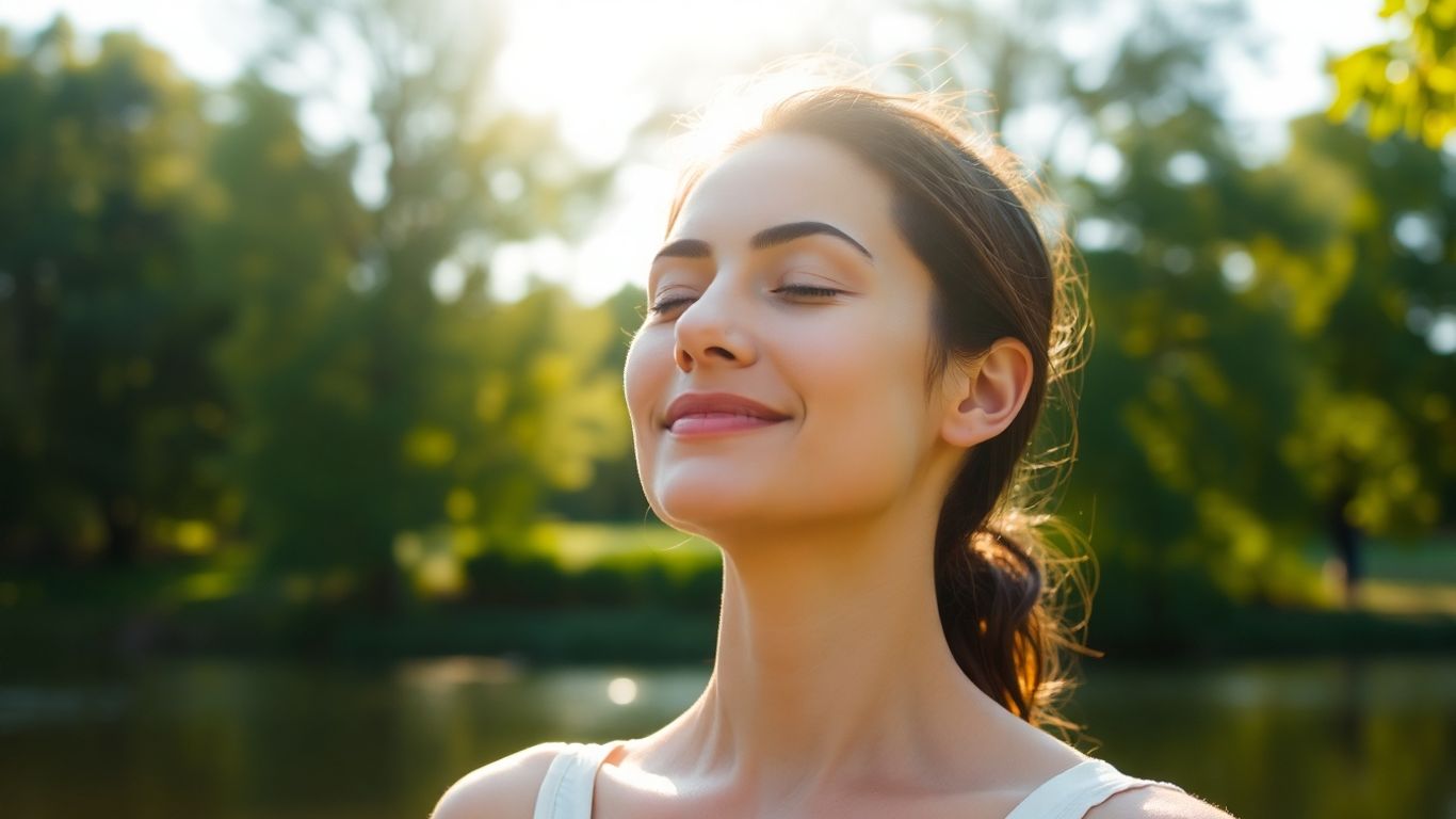 Person meditating peacefully outdoors in nature.