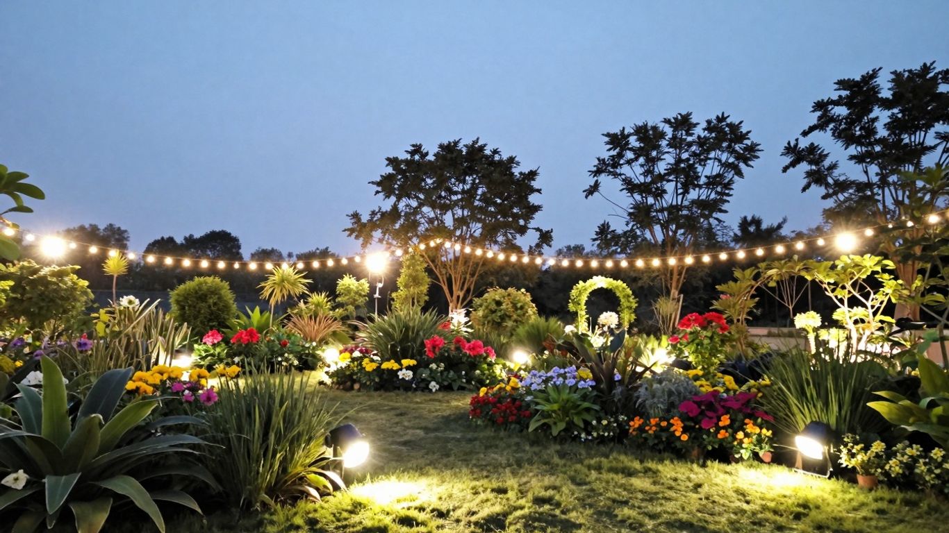 Garden lit up at night with spotlights and string lights.