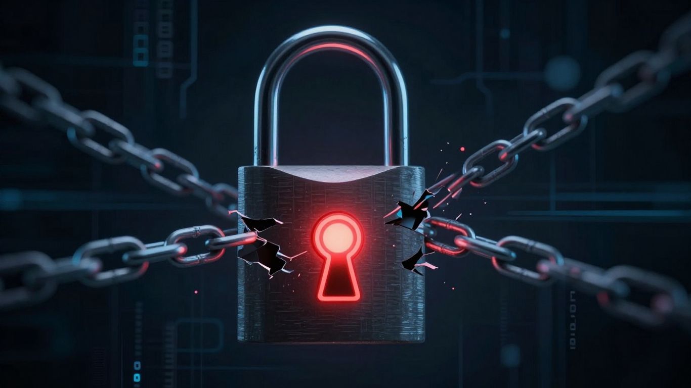 Breached digital lock with red alert symbol on network background.