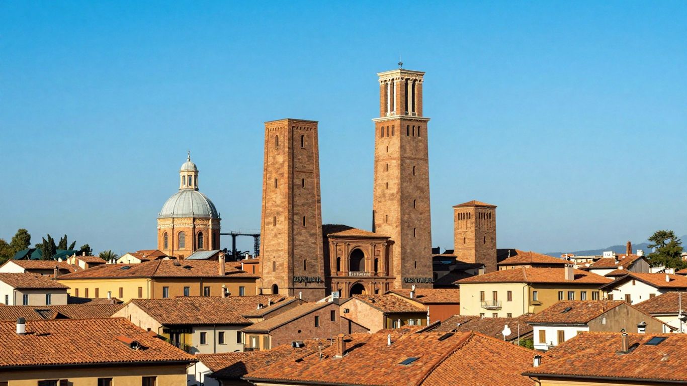Zwei T&uuml;rme von Bologna mit roten D&auml;chern im Sonnenschein.