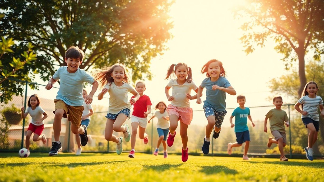 Kinder spielen und bewegen sich im Freien.
