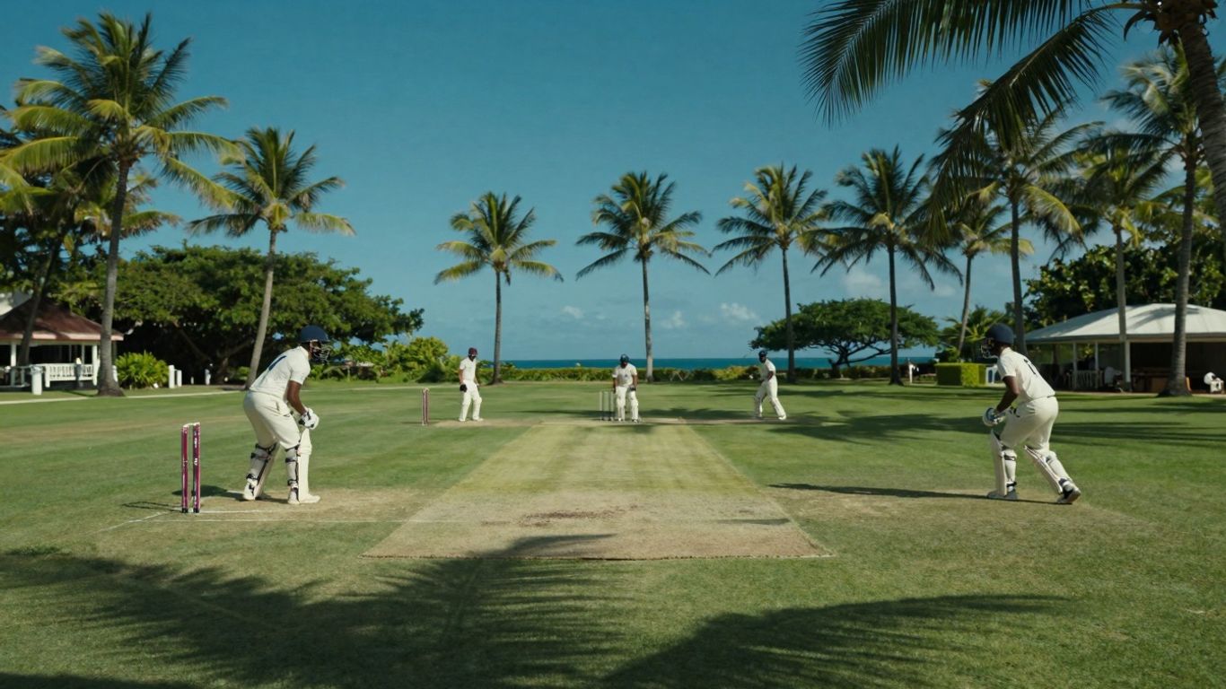 Cricket match on a sunny Barbados pitch with palm trees.