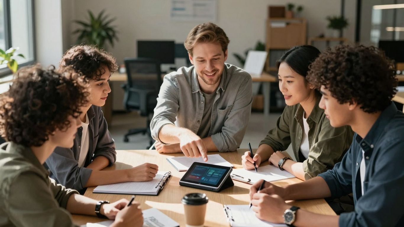 Small business team collaborating in a bright office.