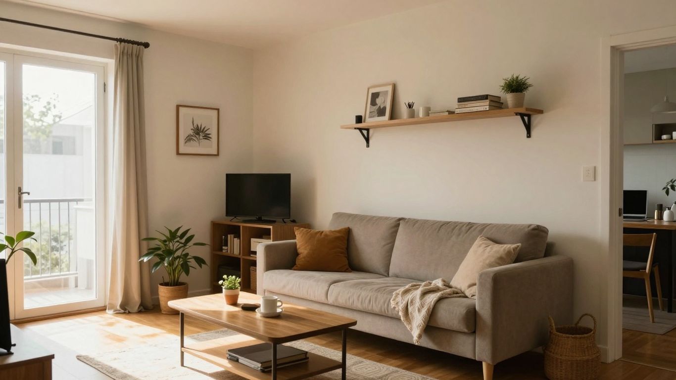 Apartamento acogedor con pertenencias personales y luz solar.