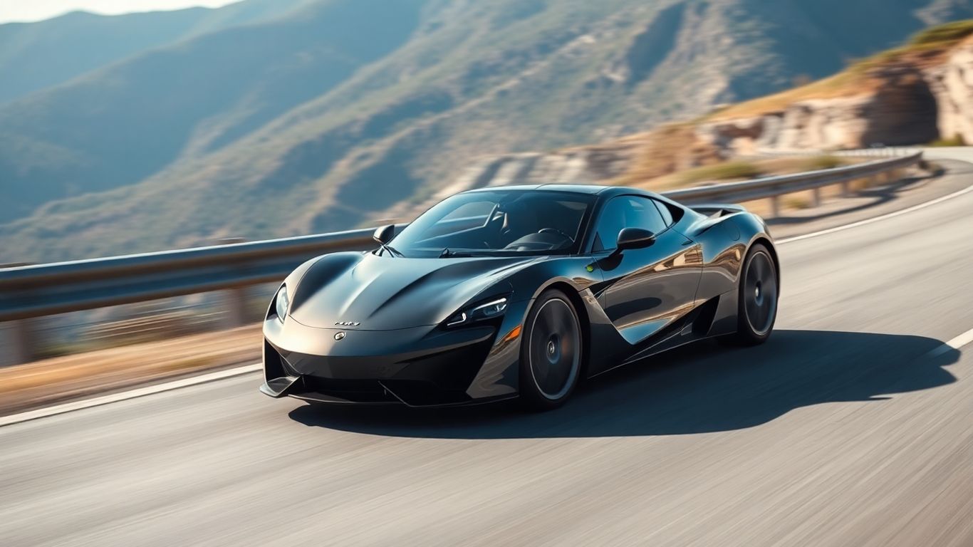 Sports car driving fast on a scenic road.