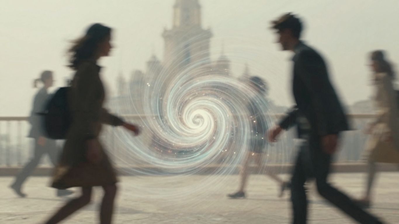 Wirująca mgławka czasu z sylwetkami ludzi.