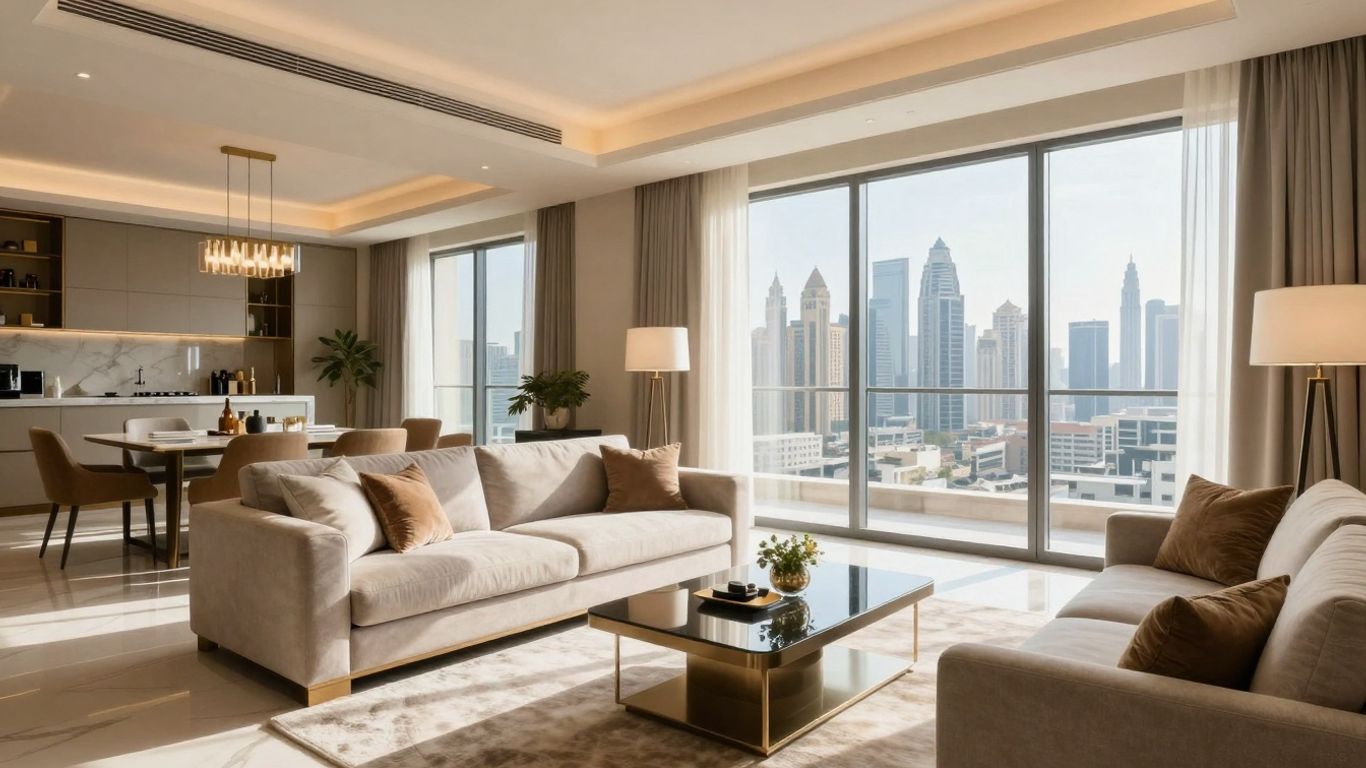 Luxurious Dubai serviced apartment with city skyline view.