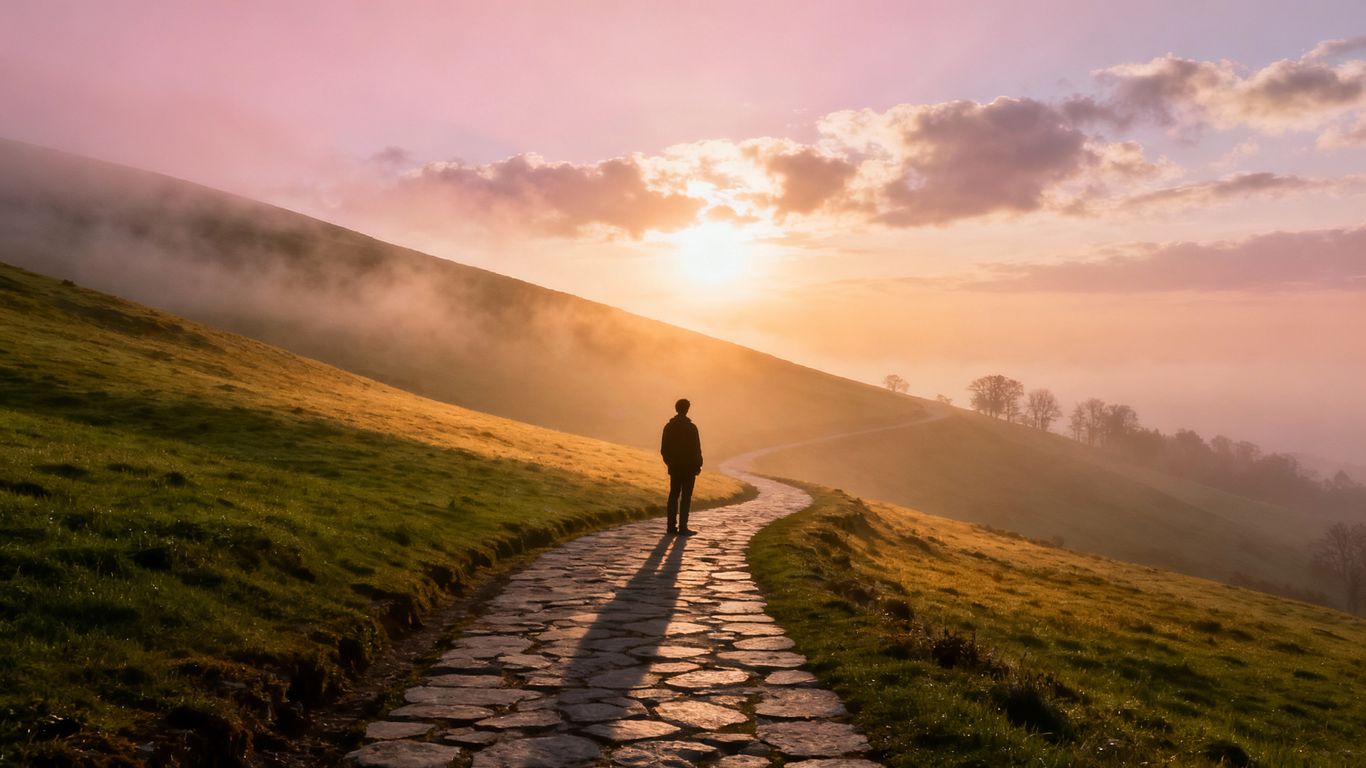 Path leading to a bright horizon at dawn.