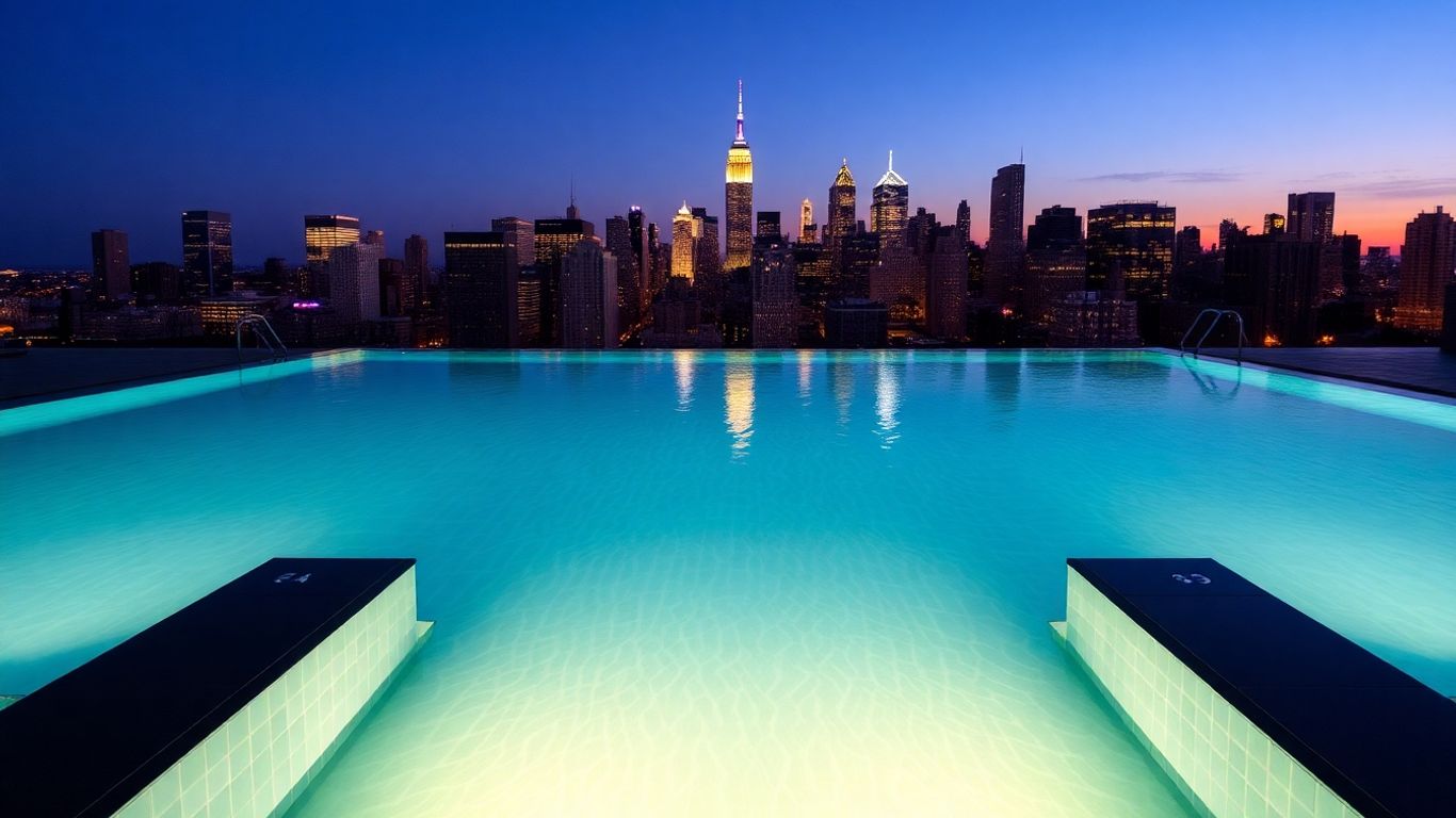 Infinity-Pool mit Blick auf die New Yorker Skyline bei Nacht.