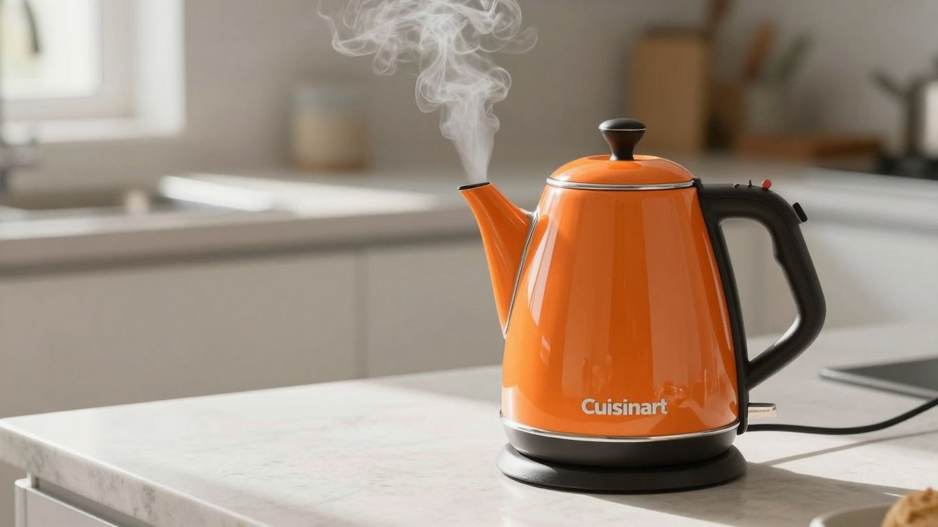 Orange Cuisinart electric kettle on a kitchen counter.