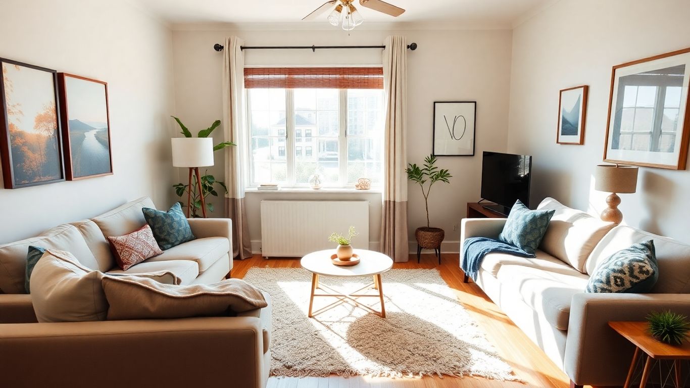 Cozy, modern Airbnb living room interior design.