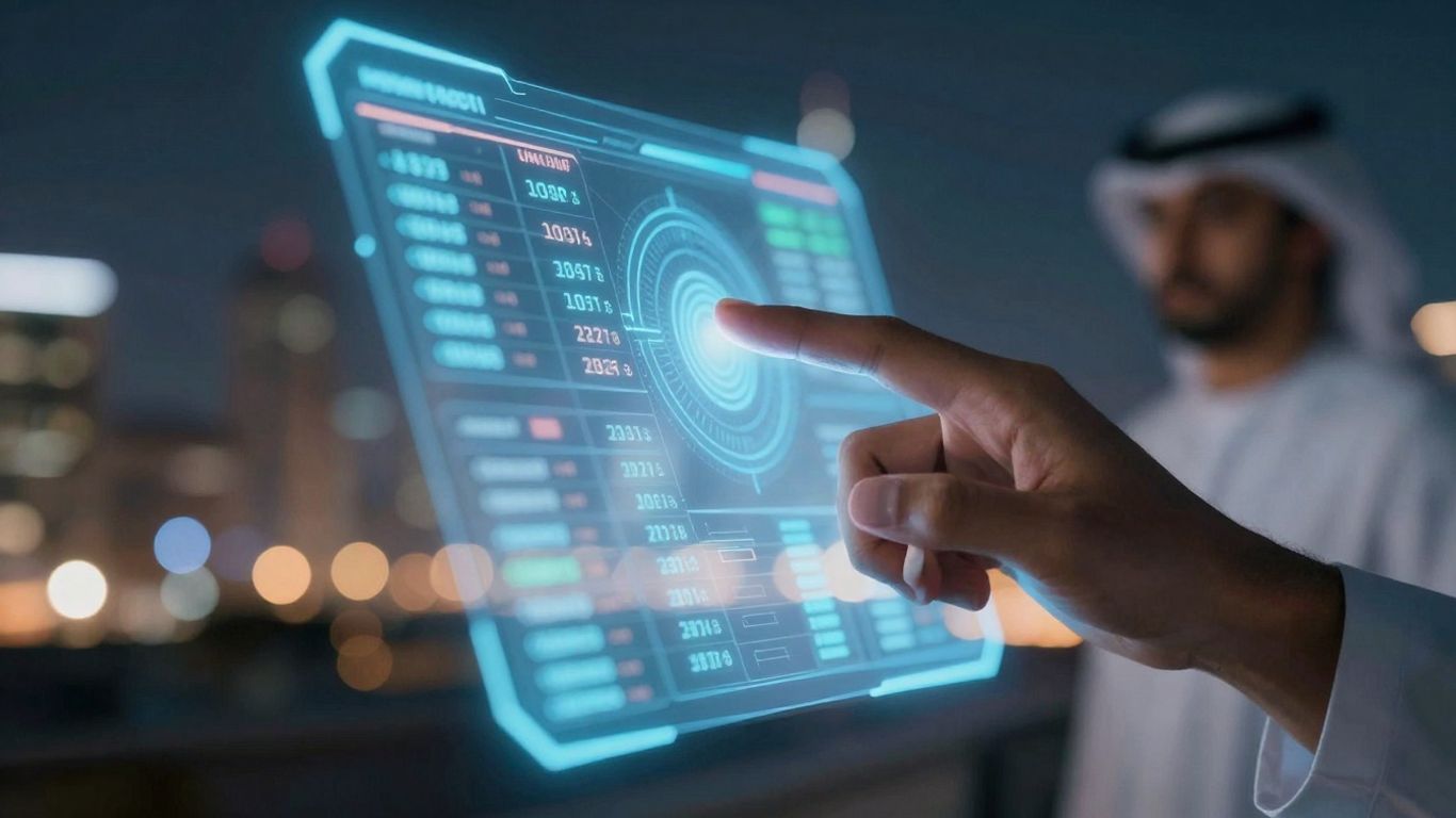 Holographic stock market interface with AI patterns.