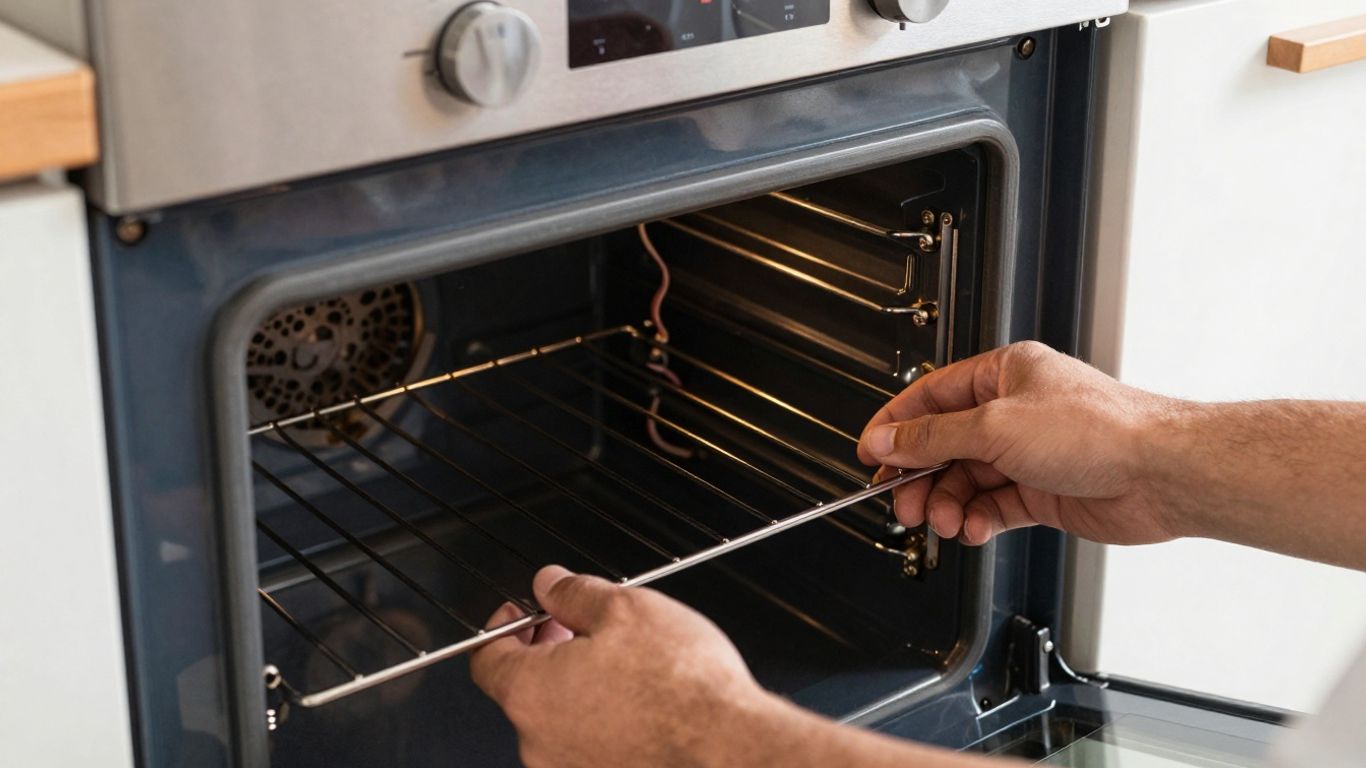 Hands fixing a broken oven interior