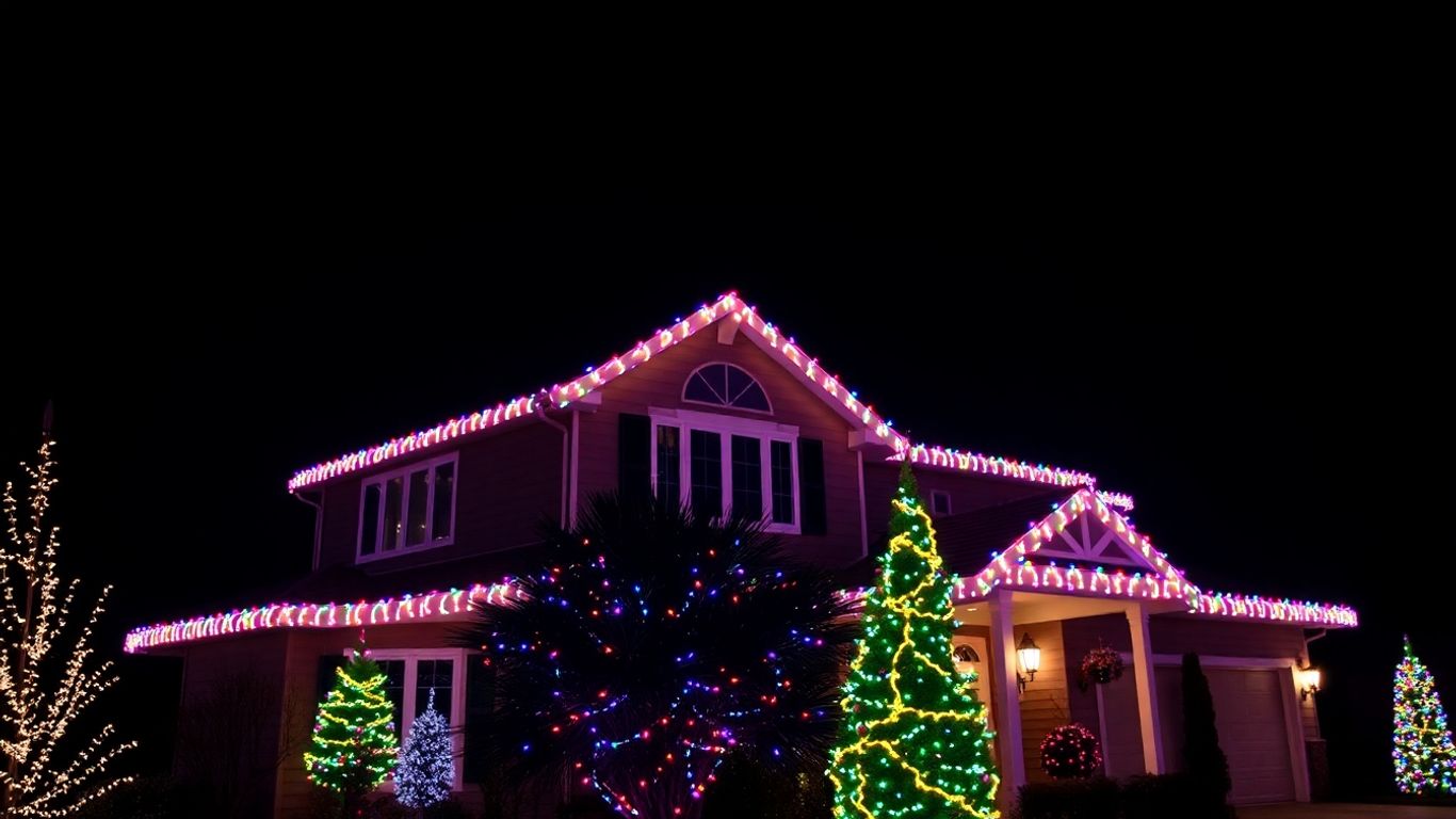 Professionally installed Christmas lights on a house.