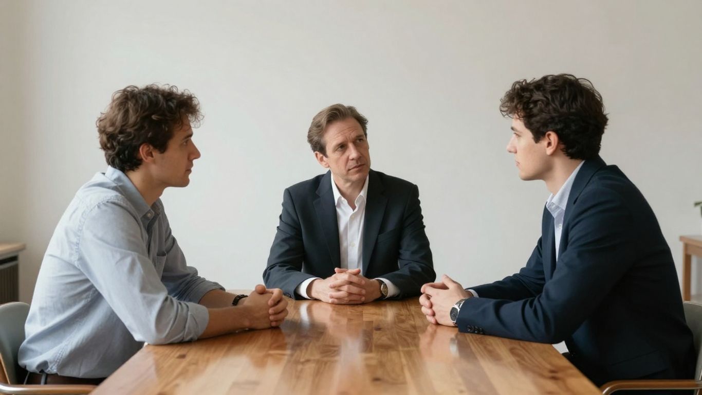 Two people in discussion with a mediator.