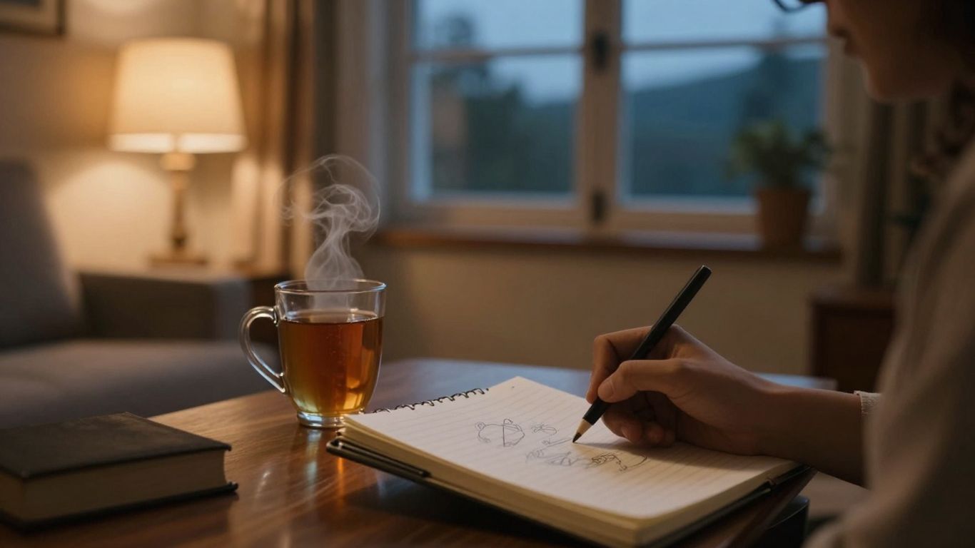Person sketching and drinking tea in a cozy room.