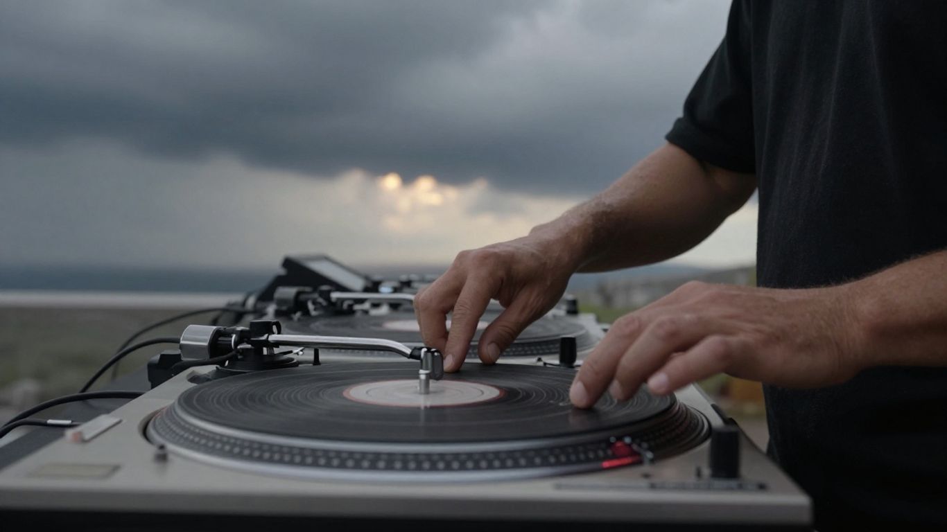 DJ playing music with weather elements in background.