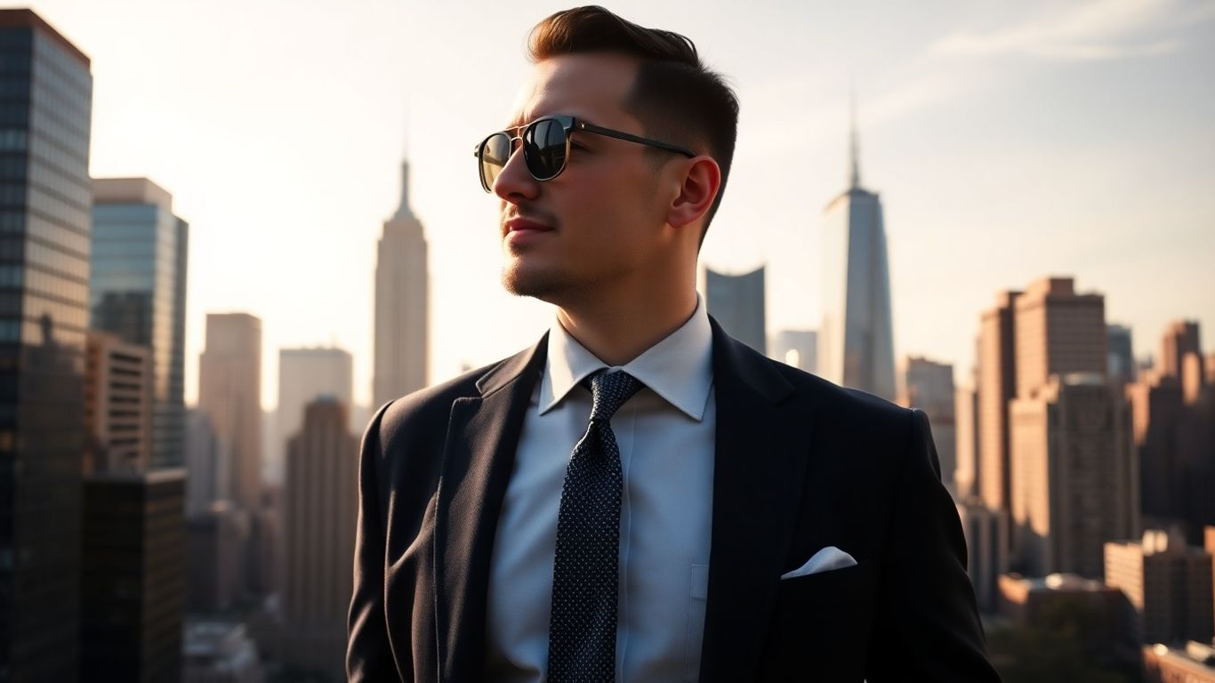 Hedge fund analyst in NYC with skyline background.