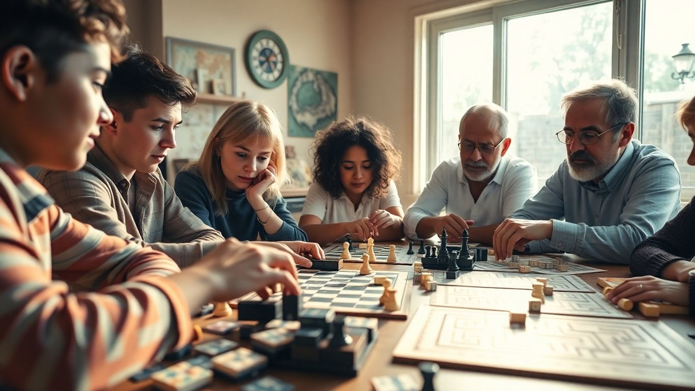 Oameni jucând jocuri de logică, concentrare.