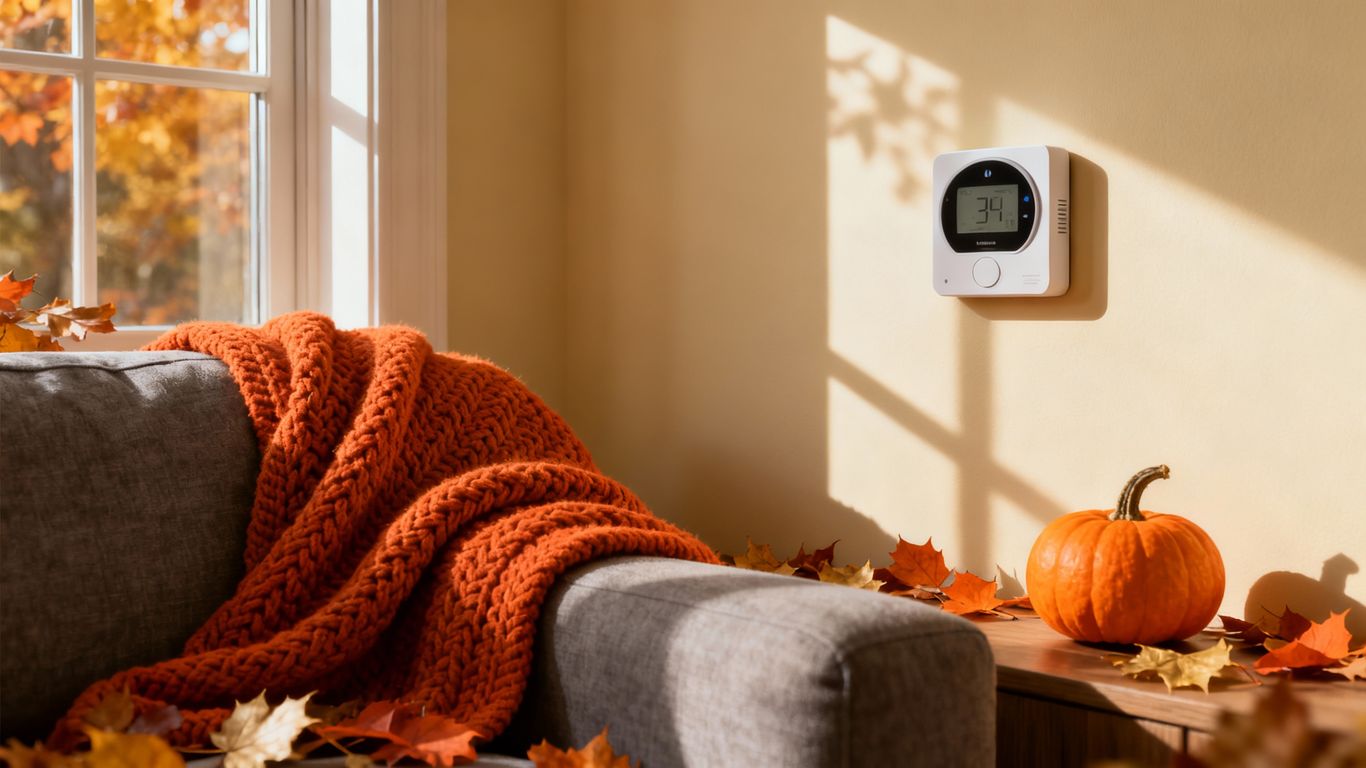 Living room with smart thermostat and autumn decorations