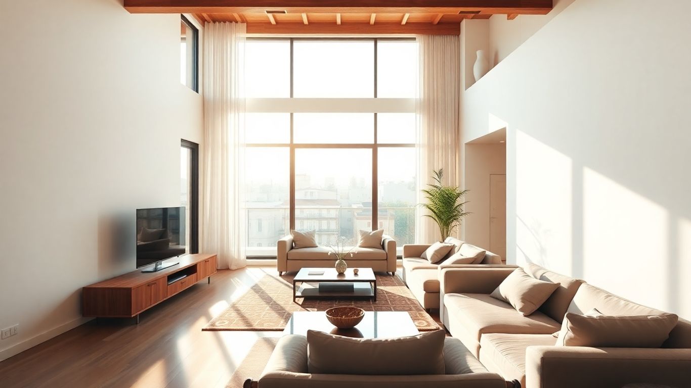 Modern living room interior with sunlight