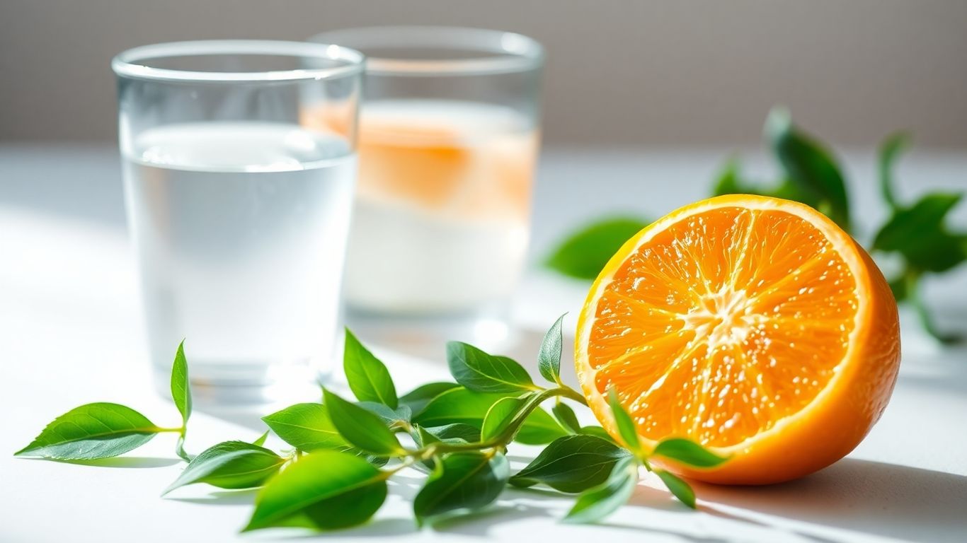 Orange and water with green leaves.