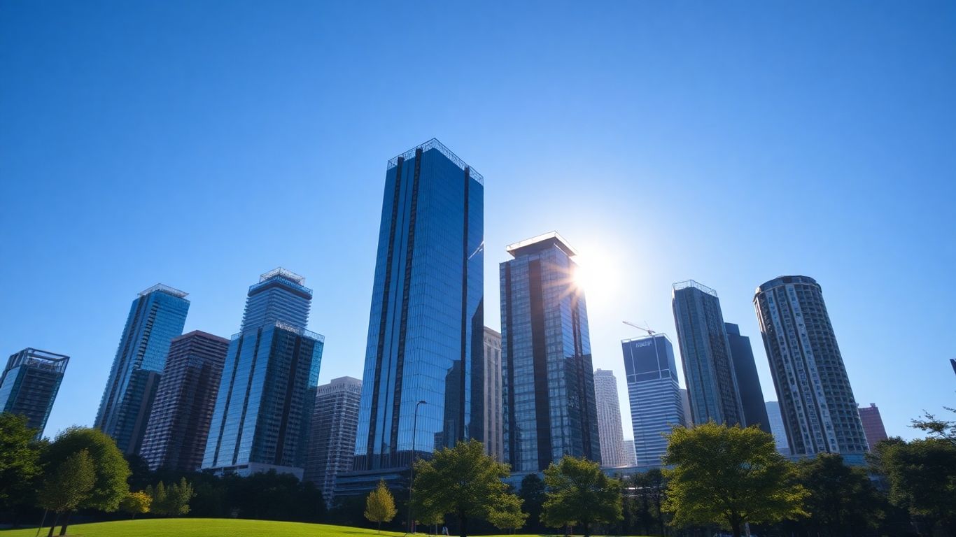 Prédios altos em cidade ensolarada com parque verde.